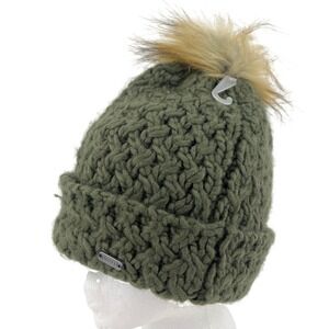 Pistil Women Olive Green Chunky Knit Beanie Faux Fur Pom Cuffed Winter Hat OS